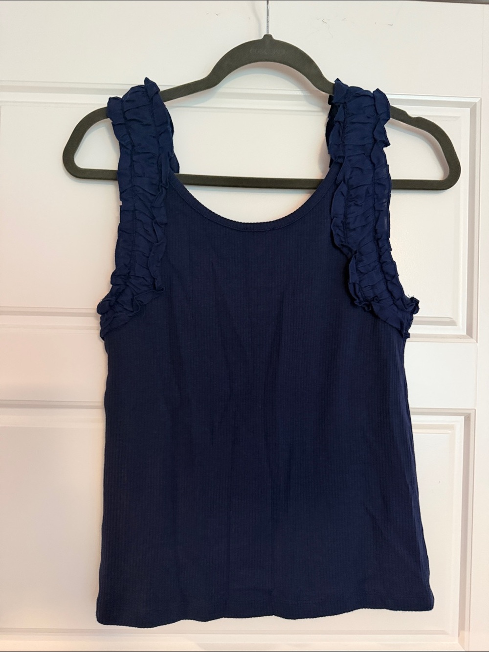 J. Crew Navy Ruffle-Shoulder Ribbed Tank - Picture 2 of 2